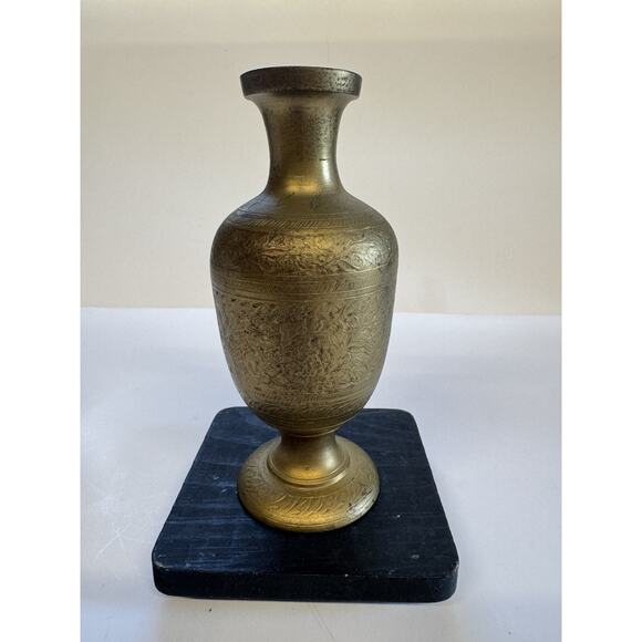Solid Brass Engraved Pedestal Vase Made in India Stamped on Bottom 6" Tall - Picture 2 of 7